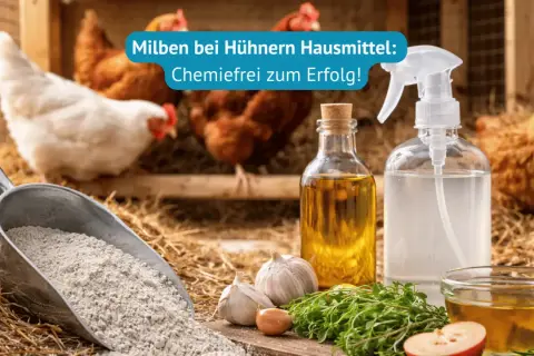 Hühner im Stall mit Hausmitteln gegen Milben: Kalk, Öl, Knoblauch und Kräuter für eine natürliche Behandlung.