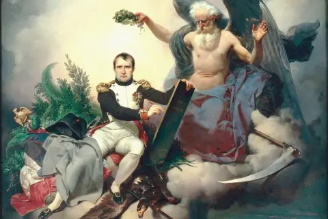 Napoleon, w otoczeniu symboli władzy, prezentuje dzieło swojego życia – Kodeks Napoleona. Obok niego siedzi alegoryczna postać z kosą i wieńcem laurowym.
