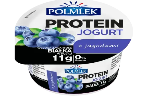Jogurt proteinowy dla aktywnych, z jagodami. Wysoka zawartość białka 11g w kubku, 0% tłuszczu.