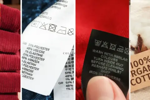 Stosy odzieży z etykietami rozmiarów, metki z składem materiału (poliester, wiskoza, elastan) i symbolami prania, a także zbliżenie na bawełnę z napisem "100% organic cotton".