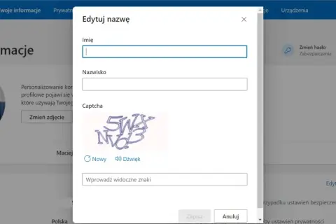 Okno dialogowe "Edytuj nazwę" na stronie konta Microsoft, pokazujące pola do wpisania imienia, nazwiska i znaków z Captchy, pomocne przy pytaniu jak zmienić nazwę użytkownika Windows 10.