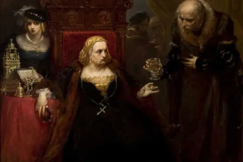 Bona Sforza, królowa Polski, siedzi na tronie, podając kielich z winem. Obok niej młoda dama, a z prawej strony starszy mężczyzna.