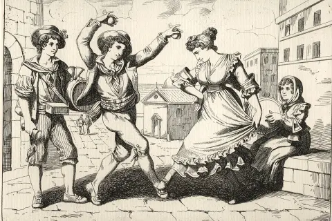 Giovani napoletani danzano con castagnette e tamburello, un'immagine che evoca i detti napoletani e la vivacità della cultura locale.