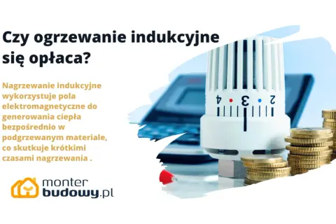 Czy ogrzewanie indukcyjne się opłaca? Grafika przedstawia termostat, stosy monet i tekst o efektywności ogrzewania indukcyjnego.