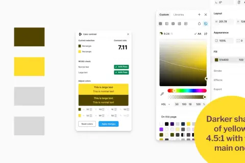A color contrast checker shows a lemon yellow rectangle and a darker shade of yellow, with a contrast ratio of 7.11.