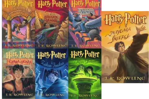 Okładki książek autorstwa J.K. Rowling, w tym "Kamień Filozoficzny", "Komnata Tajemnic", "Więzień Azkabanu", "Czara Ognia", "Zakon Feniksa", "Książę Półkrwi" i "Insygnia Śmierci".