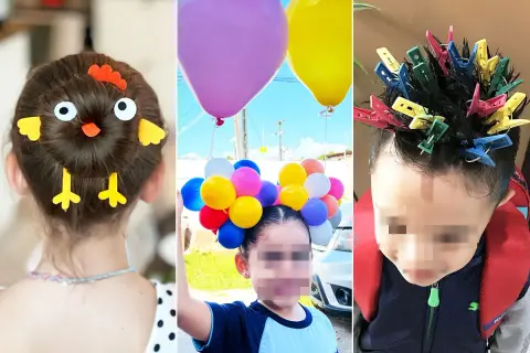 Peinados divertidos niños: un pollito en el pelo, una corona de globos y pinzas de colores. ¡Creatividad al máximo!