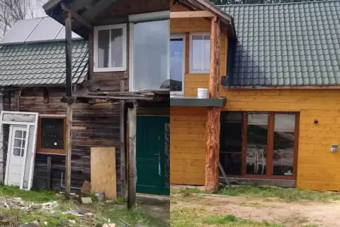 Przed i po: budowa domu drewnianego. Stary, zniszczony budynek zyskał nowe życie dzięki renowacji i nowej elewacji.