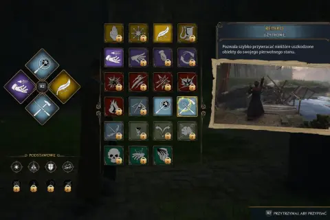 Menu zaklęć w Hogwarts Legacy. Ikony symbolizują różne czary, w tym "Reparo Użytkowe" do naprawy przedmiotów.
