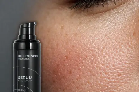 Serum z witaminą C rano czy wieczorem? Czarna buteleczka Rue de Skin z serum C/E/Ferulic obok skóry z widocznymi porami.