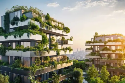 Edificios modernos cubiertos de vegetación exuberante, un ejemplo de arquitectura sostenible.