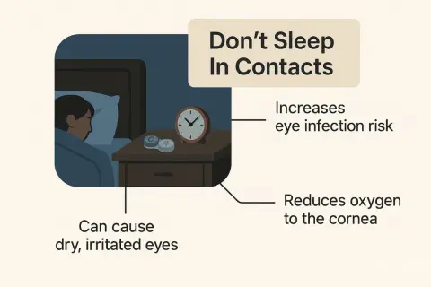 Don't sleep in contacts. It can cause dry, irritated eyes, reduce oxygen to the cornea, and increase eye infection risk.