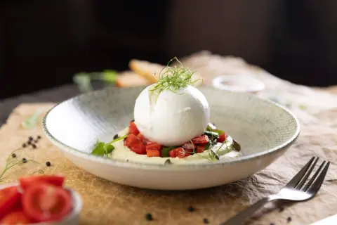 Wykwintna burratina pugliese na kremowym puree z pomidorami i ziołami, udekorowana kiełkami.