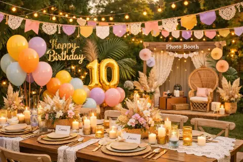 Une table de fête avec une **déco table thème musique** pour un 10ème anniversaire, ballons, guirlandes et un coin photo.