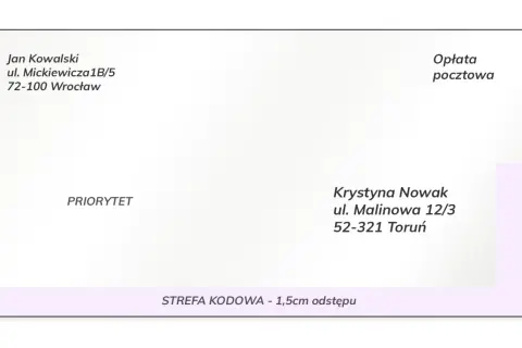 Adresat Krystyna Nowak, nadawca Jan Kowalski. Koperta z danymi adresowymi i oznaczeniem priorytetu.