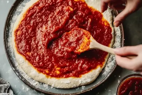 Händer sprider hemlagad egen pizzasås på en pizzabotten.
