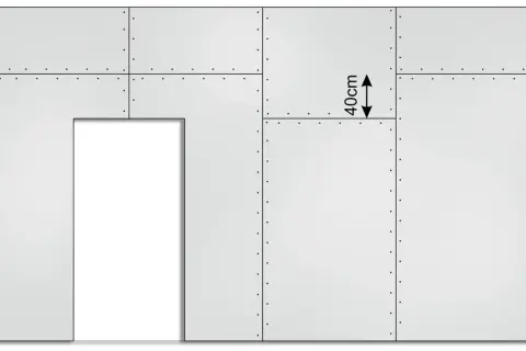 Schemat przedstawia fragment ściany z płyt gipsowych, z zaznaczonymi wymiarami 40cm.