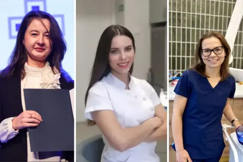Trzy kobiety w strojach zawodowych, prawdopodobnie dentystki, w kadrze.