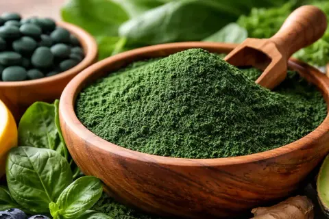 Zielony proszek spiruliny w drewnianej misce, obok tabletek, cytryny, jagód i awokado. Odkryj niezwykłe spirulina właściwości.