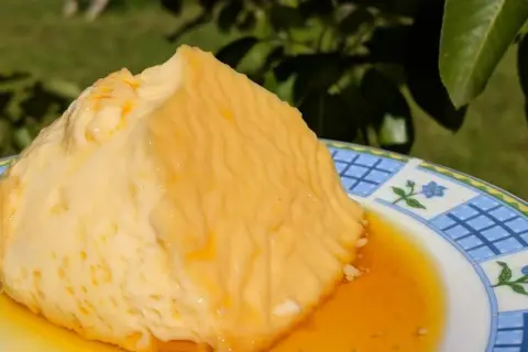 Delicioso flan de huevo sin azúcar, con su caramelo dorado, servido en un plato con diseño floral.