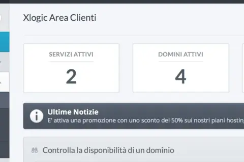 Dashboard Xlogic: 2 servizi attivi, 4 domini attivi, 1 fattura da pagare. Scopri il epp significato delle promozioni.