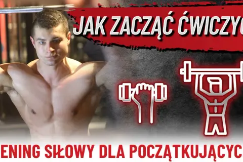 Młody mężczyzna z sztangą, grafiki symbolizujące trening. Jak zacząć ćwiczyć? Siłownia plan treningowy dla początkujących.