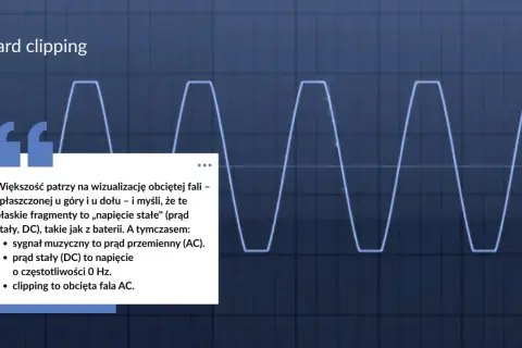 Wykres pokazuje obcięcie fali, gdzie płaskie fragmenty symbolizują prąd stały (DC) o częstotliwości 0 Hz, a nie napięcie stałe.