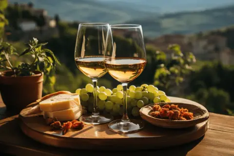 Due calici di vino bianco, uva, formaggio e pomodori secchi su un tagliere, con un paesaggio collinare sullo sfondo. Un assaggio del puglia wine.