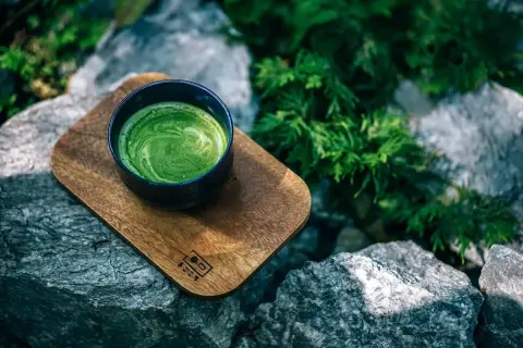 Tasse de matcha crémeux sur un plateau en bois, entourée de rochers et de verdure. Idéal pour des matcha recettes salées.