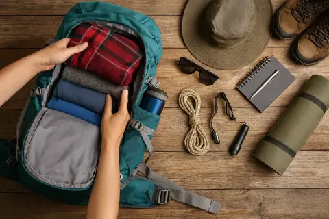 Preparando el equipamiento para el Camino de Santiago: mochila, ropa, botas, sombrero, gafas de sol, cuerda, linterna, libreta y esterilla.