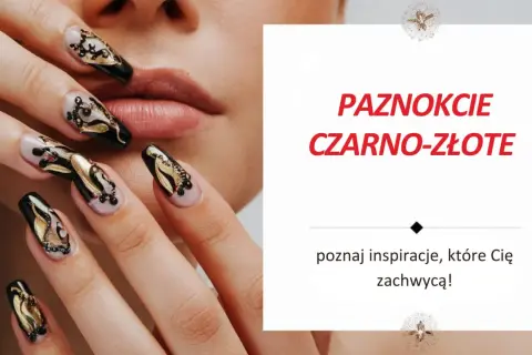 Eleganckie paznokcie czarne ze złotym zdobieniem, przypominające skrzydła motyla. Inspiracja dla odważnych.