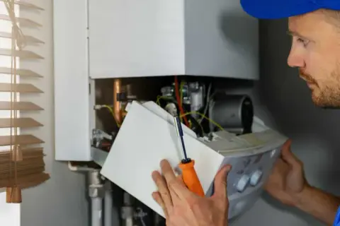 Un technicien examine l'intérieur d'une chaudière à gaz. Il tient un tournevis et une partie de l'appareil.