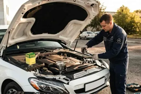 Mecánico realiza mantenimiento a de Mercedes, con capó abierto y caja de filtros a la vista.