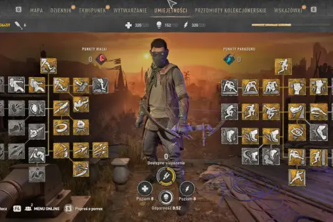 Gracz przegląda drzewko umiejętności w grze Dying Light 2. Widoczne są punkty walki i parkouru, a także dostępne ulepszenia.