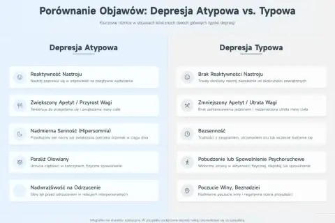 Jak rozpoznać że ktoś udaje depresję? Porównanie objawów depresji atypowej i typowej: reaktywność nastroju, apetyt, sen, ruchliwość, poczucie winy.