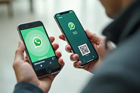 Dwie osoby trzymają telefony, jeden pokazuje logo WhatsApp, drugi kod QR. To ilustracja, jak przenieść WhatsApp na nowy telefon.
