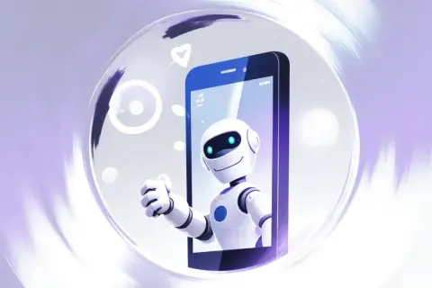 Uśmiechnięty robot z niebieskimi oczami wychyla się z ekranu telefonu, pokazując kciuk w górę. To sztuczna inteligencja w telefonie, gotowa do pomocy.