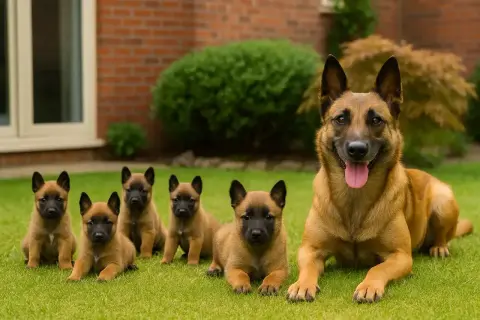 Mama owczarka belgijskiego i jej szczenięta, wszystkie w typie malinois. Różne rodzaje owczarków belgijskich to fascynująca rasa.