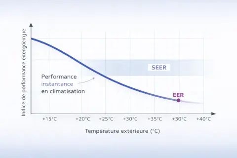 Courbe de performance d'une cop pompe à chaleur. L'indice d'efficacité énergétique (EER) diminue avec la température extérieure. Le SEER représente une moyenne.
