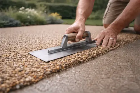 Mani che rifiniscono un pavimento esterno su ghiaia con una cazzuola, creando una superficie drenante e naturale.