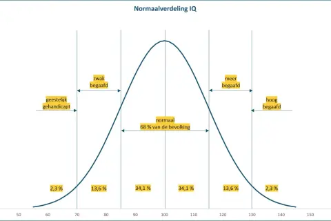 De normaalverdeling van IQ toont dat een IQ van 136 valt in de categorie 'hoog begaafd', wat zeldzaam is.