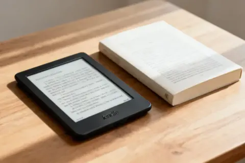 Une liseuse Kindle et un livre papier reposent sur une table en bois. Le choix entre le numérique et le papier pour une bonne lecture.