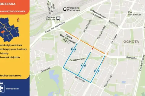 Mapa objazdów dla zamkniętego odcinka przy Dworcu Zachodnim w Warszawie. Wskazuje trasy objazdów i kierunki ruchu.