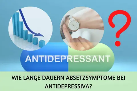 Grafik zeigt fallende Balken, eine Uhr und ein Fragezeichen. Text: "Antidepressiva absetzen ohne Arzt? Wie lange dauern Absetzsymptome?