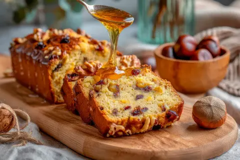 Tranche de cake aux fruits confits, garnie de noix, arrosée de miel doré. Un délice automnal.