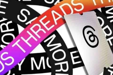 Bandeaux "JUST THREADS MORE" enroulés, avec un logo "6" sur une carte blanche.