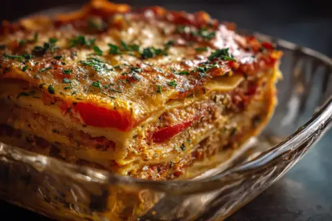 En saftig bit nyttig lasagne med lager av pasta, köttfärs och tomatsås, toppad med smält ost och persilja.