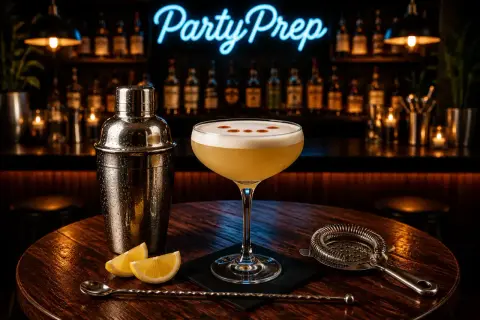 En perfekt whisky sour med skummig topp, bredvid en shaker och citronskivor. Baren i bakgrunden lyser med neonskylten "Party Prep".
