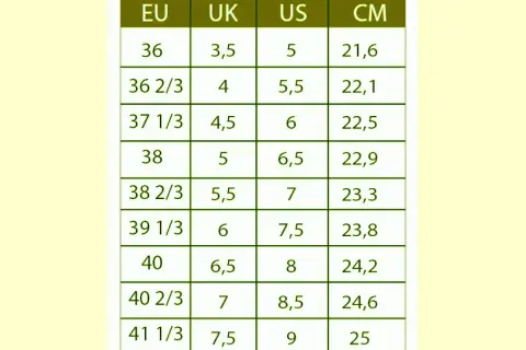 Tabela rozmiarów butów: EU, UK, US, CM. Rozmiar 8,5 US to 40 2/3 EU i 24,6 cm.