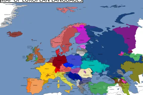 Mapa Europy z zaznaczonymi regionami, gdzie dominują różne języki europejskie, od islandzkiego po rosyjski.